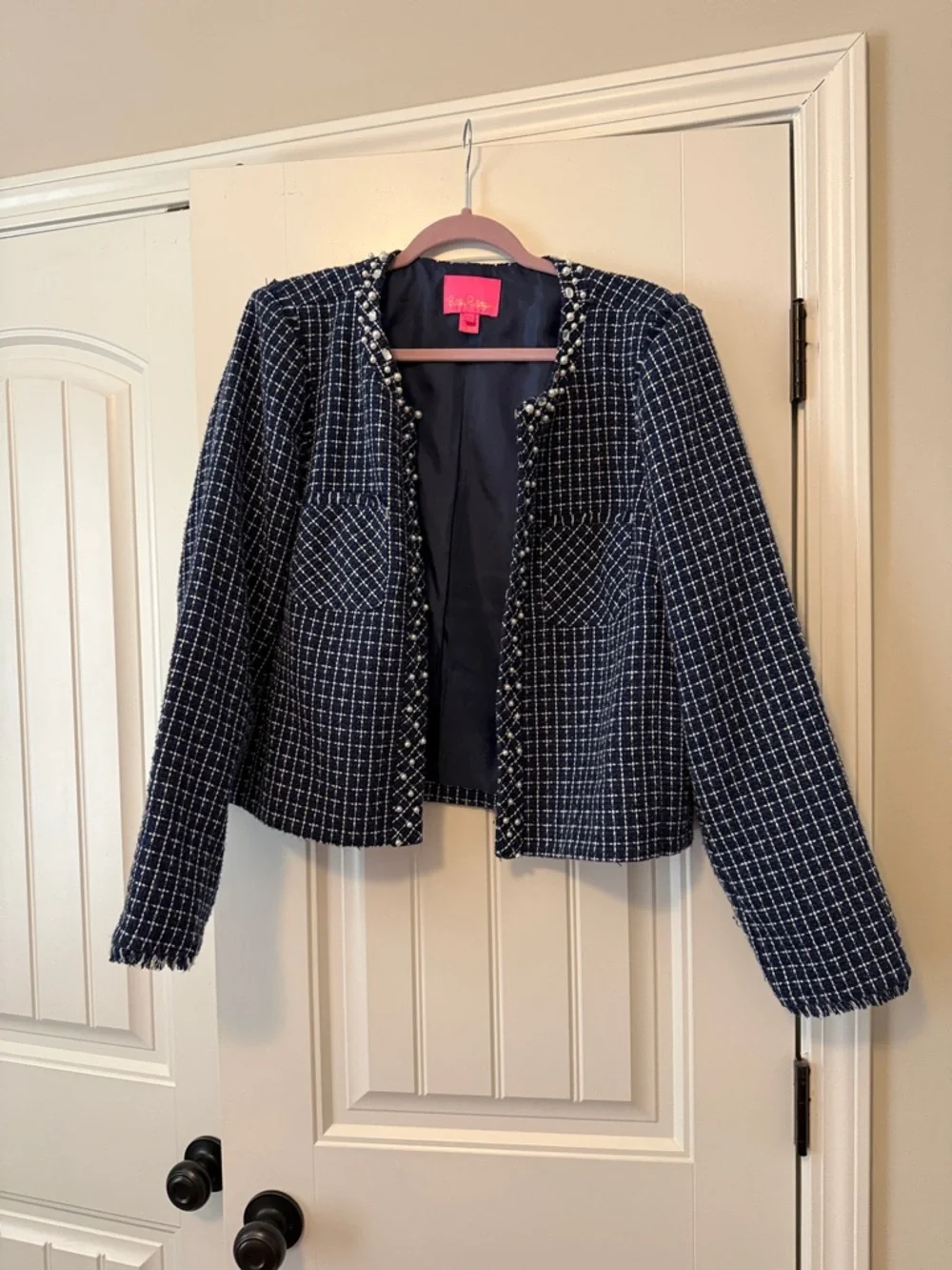 Lilly Pulitzer Navy and White Tweed Pearl-Trim Skirt Suit